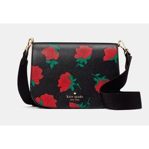 New Kate Spade Madison Rose Toss Printed Saddle Bag Crossbody Black Multi